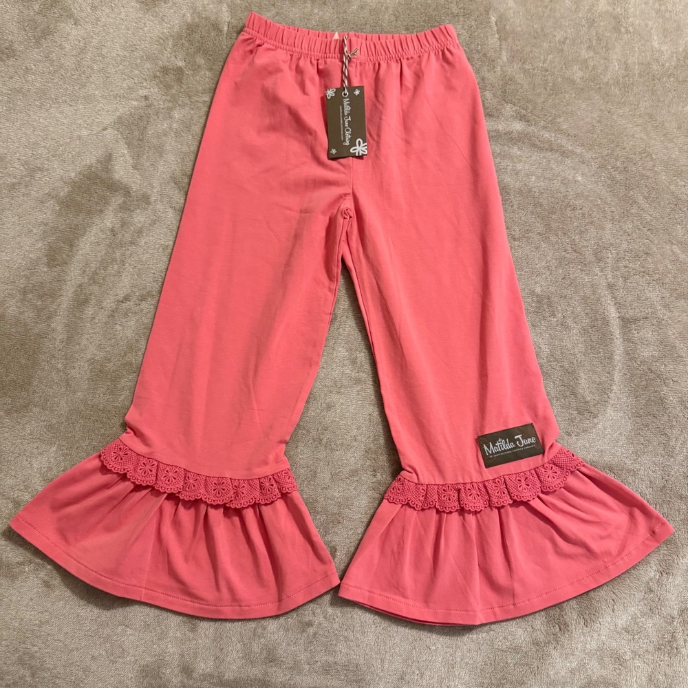 Matilda Jane Girls Coral Pink Ruffle Lace Trim Flare Leggings Pants Size 6 NWT